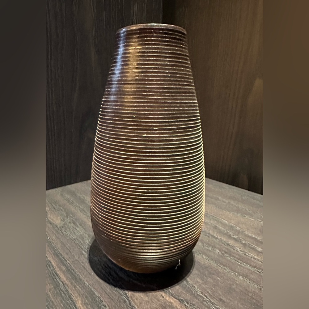 Leather Crate and Barrel Brown Vase. 11 inches x 4 inches. Lightweight